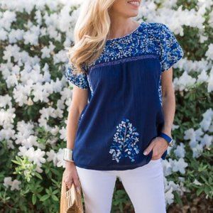 ROBERTA ROLLER RABBIT - Navy Blue w/ Multi Blue & White Hand Embroidered